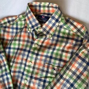 Vineyard Vines Classic Fit Tucker Shirt Orange Green Blue Gingham Check M FRM